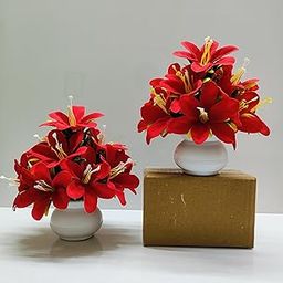 Artificial Red Lily Flower | Faux Flower Plant for Home Office Decor | Tabletop and Desk Decoration | Artificial Flower for Balcony Indoor Decor, Material - Plastic [Red Lily, Set of 2 ]-31