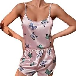 Women's Satin Butterfly Print Cami Romper Sleepwear, Pink-image-98