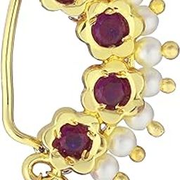 24-CT Gold-Plated Marathi Red stone studded Nose Pin for Women with pearls-image-10