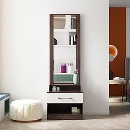 A GLOBIA CREATIONS Olive Dressing Table with Storage | Engineered Wood | Choco Walnut & Frosty White Matte Finish | Knock Down Assembly | 36 Months Warranty-picture-14