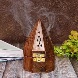 Craftylook Wooden Incense Holder with Ash Catcher for Home Office & Temple, Rosewood Sambrani Dhoop Batti Stand, Pyramid Box Fragrance Lobandan, 8.9 cm, 1 Pcs-image-2