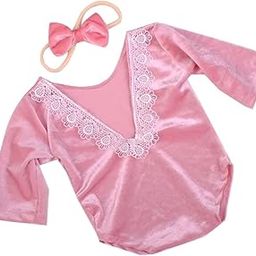 BabyMoon Set of 2 | Baby Girl Velvet Romper & Hairband | Baby Photoshoot Props | Costume | Pink | 0-1 Months-image-1