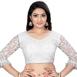 Women's Soft Pure Nylon Net Readymade Blouse with Cording Embroidery Thread-image-11