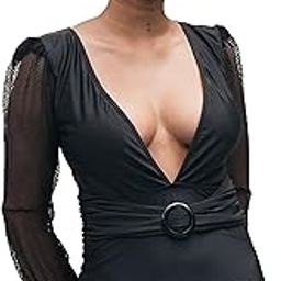 Women Swimwear Black - One-Piece Puff Mesh Long Sleeve Monokini | Deep V-Neck Prefect for Beach Style | Stylish & Comfortable Women Swimsuit | Fashionable Beach wear | Perfect for Summer-image-82