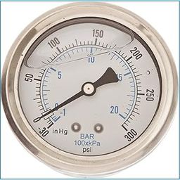 Liquid Filled Pressure Gauge, 2.5" DIAL Display, Stainless Steel CASE, Brass INTERNALS, 1/4" Male NPT Back Mount Connection, Dual Scale PSI & BAR (-30VAC - 300 PSI)-image-103