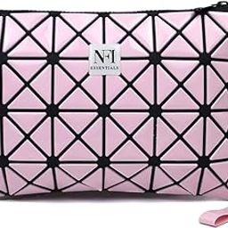 NFI essentials PVC Geometric Design Makeup Pouch For Women Stylish Pouch For Makeup Accessories Travel Organiser Cosmetic Pouches Make Up Pouch For Girls Vanity Bag Makeup Bag, 17 Cm, Pink Black-44