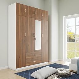 VIKI Wardrobe | Wooden Almirah for Clothes,Door for Bedroom with Loft, 4 Door Wardrobe with Drawer, Mirror & Hanging Space (White with Brussel Walnut - 40Dx160Wx180H)|1 Year Warranty | Free Assembly-image-21