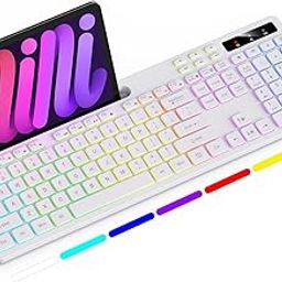 Soueto Wireless Keyboard with 7-Color RGB Backlit, Full-Size Computer Keyboard with Phone Tablet Holder, 2.4G Rechargeable Gaming Keyboard with Light Up Keys, Compatible with Mac, Windows (White)-image-75