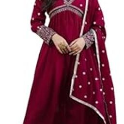 Women's Maroon Anarkali Dress with Embroidered V-Neck, Full Sleeves, Sequin Dupatta-image-15