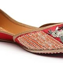Women Rajputana Radiance Punjabi Jutti Ethnic Leather Round Toe Slip-On Red Mojaris Embellished Flats-image-94