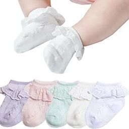 5 Pack Baby-Girls Eyelet Frilly Lace Socks Newborn Princess Ankle Socks for 0-3 Months,Bow Pattern,White/Off White/Pink/Purple/Green,Shoe Size 0-1-picture-30