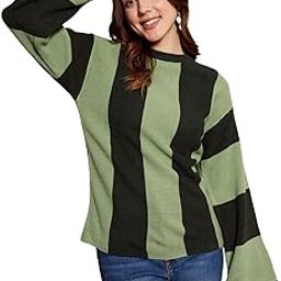 Women Frenchy Two-Tone Printed Round Neck Drop-Shoulder Sleeves Ribbed Hem Regular Sweater-image-3