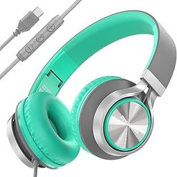 Bywulanda USB C Headphones with Mic and Volume Control, Over Ear Stereo Headsets for iPhone 15 16 Pro, Wired Foldable Headphones for Smartphones Chromebook Laptop Tablets Travel(Green/Gray)-8