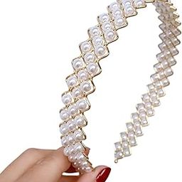 Gold Plated Pearl Headband for Women & Girls | 14cm Elegant White Faux Pearl Hairband | Stylish Zigzag Metal Design | Party, Wedding, Ethnic Hair Accessory-image-91