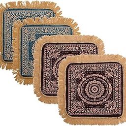 Homestic Pack of 4 Velvet Pooja Mat for Sitting On Floor | Comfortable Eating Aasan for Home | Decorative Sitting Mat for Meditation & Mandir | Floral - Purple & Firozi-image-30