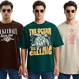 Cotton Blend Oversized Baggy Fit Drop Shoulder Graphic Printed Half Sleeve T-Shirt Combo for Men (Pack of 3) (Sizes: S to 2XL)-image-57
