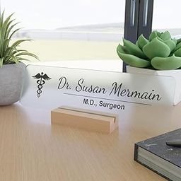 OOCLAS Custom Doctor Name Plate – Matte Acrylic Desk Nameplate with Wooden Stand | Personalized Name Plate for Doctors Clinic & Office | Premium Table Sign - Size 9 X 3 Inch-image-0