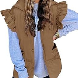 Womens Ruffle Sleeve Puffer Vest Padded Gilet Jacket Sleeveless Quilted Outwear Coat-23