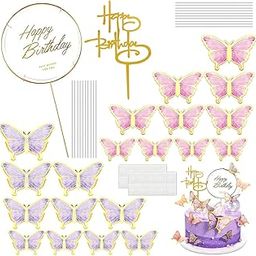 HASTHIP® 20pcs Butterfly Cake Toppers for Cake Decoration, Cute Butterfly Cake Decoration Items Happy Birthday Cake Topper for Cake Decoration with 1 Acrylic & 1 Iron Happy Birthday Topper-image-9