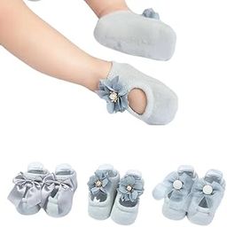 GUCHIGU 3 Pairs Baby Toddler Non Skid Socks for Girls, Floor Anti Slip Cotton Lace Flower Bow Tie Boat Ankle Socks 0-12 Months Babies (Grey, Pack of 3)-12