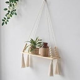 Boho Hanging Wall Shelf Décor with Wood Beads and Tassels Rustic Floating Rope Shelf for Plants, Décor and Storage for Bedroom, Living Room Nursery-image-21
