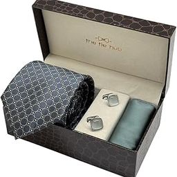 Grey Circle Necktie with Grey Cufflinks & Satin Pocket Square Combo For Men-image-19