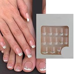 S.A.V.I 48 Pcs French Tip Fake Nails for Hands & Feet | Nude Pink White Press On Nails with Rhinestones | Medium Square Shape | Reusable Nail Art Kit for Women & Girls | Manicure Set-24