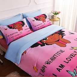 Gusuhome 7 Piece Black Girls Magic Comforter Sets Twin Size African American Girl Bedding Set Bed in A Bag for Girls Kids Teens Inspirational Quotes Pink Blue Comforter-18
