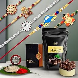 DeoDap Multicolor Bracelet/ Rakhi (K5_Nc15_As) & Effete Assorted Chocolate Dry Fruits Silver Color Pooja Coin, Roli Chawal & Greeting Card, Rakhi & Chocolate Brother, Rakhi Gift, Set Of 5 Rakhi-image-7