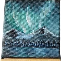 Mini Canvas Northern Lights Painting with Wooden Easel, 7.6×7.6 cm size,Turquoise Aurora Art-image-65