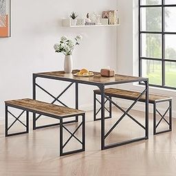 VECELO Kitchen Table with 2 Benches for 6,Wood Dining Room Dinette Sets with Metal Frame for Breakfast Nook and Small Space, Brown-image-18