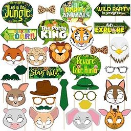 Zyozique 32 PCS Jungle Photo Booth Props Wild Animals Forest Themed Party Props Kit for Jungle Kids Baby Shower Birthday Party Decorations Supplies-11