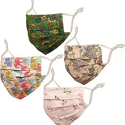 Touchstone anti pollution smog smoke cold cough protective cotton face mask Floral Fabric Adjustable filter pocket nose bridge 2 layer reusable washable for men, women (Pack of 4). Blue Green White-12