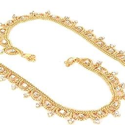 Anklet Gold Plated Ad Cz White Stones Traditional Indian Payal Jewelry for Women & Girls-image-44