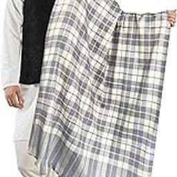 Men's Kashmiri Reversible Woven Checks Design Pure Wool Lohi/Woollen Shawl, Light Weight, Soft Handfeel, Beige Full Big Size Warm Shawl for Gents-18