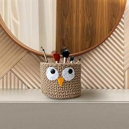 Kind Strings Handmade Crochet Owl Storage Basket for Kitchen, Dressing Table - Hand Towel Basket Bathroom Organizer - Foldable & Washable - Eco-Friendly Nursery Storage - Beige-image-2