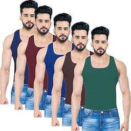 Men's Combed Cotton Round Neck Sleeveless Multi Colour (Asorted) Vest with Extended Length for Easy Tuck (Pack of 5)-image-66