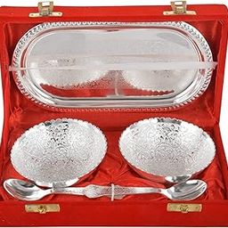 R Ayurveda Copper German Silver Floral Single Bowl With Royal Velvet Box - 2 Pieces Set (2 Bowl , 2 Spoon , Tray), 350 Liters-image-31