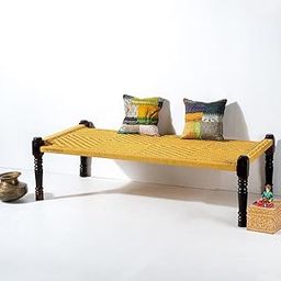 FURNWEAVE Solid Sheesham Wood Handmade Rajasthani Charpai | Cotton Rope Khatiya Charpai Single Bed Without Storage| Wooden Cot Bed | Khatiya-Khaat| 6x3 Feet | Yellow-image-7