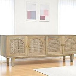 TGF Furniture Store Modern Rattan Sideboard Cabinet with 4 Arched Doors – Natural Wood Finish Storage Console – Cane Webbing Buffet for Living Room or Entryway-image-48