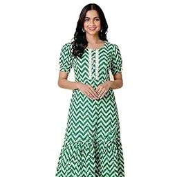 Women's Chevron Print Maxi Dress with Puff Sleeves, Ruffled Hem, Lace Detail (in, Alpha, 4XL, Green)-image-48