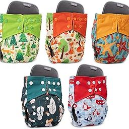LuvLap Reusable Baby Cloth Diapers Combo Pack of 5, Orange & Green, White & Green, Green Bunny, Blue Ships, Blue Stars, Double Leak Guard, High Absorption, Stain-Proof Comfort & Protection, 3m+-10