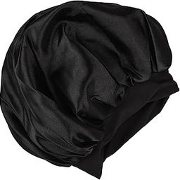 Matkooz Satin Silk Premium Sleeping caps, Comfortable & Soft Double Layered Streachable Hair Bonnets for All Head Sizes & Hair Type, Night Care Routine - Pack of 1 Pcs - Black-image-45