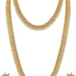 18K Gold Plated Traditional South Indian Stylish Golden Necklace With Earrings For Women & Girls-image-23