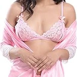 Women Satin Nightwear Robe with Lace Bra Panty Lingerie Set-image-51