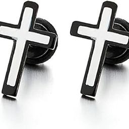 316L Steel Black & White Cross Fashion Screw Barbell Earrings/Studs for Men (Pair Of)-image-13