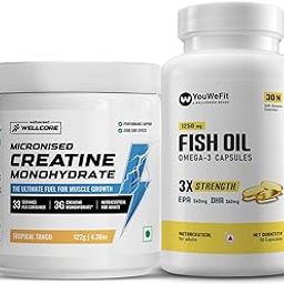 Wellcore Creatine (33 Servings) Tropical Tango + Youwefit Omega-3 Fish Oil (30 Capsules)|Combo For Muscle & Heart Health,2 Count-image-44