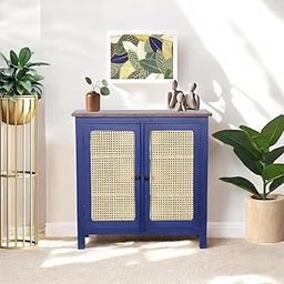 Vintage Storage Cabinet with Rattan Doors Navy Blue Double Door Design with Natural Wood Top, Stylish Accent Cabinet for Living Room, Bedroom, or Entryway-image-26