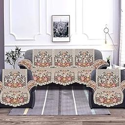 Kuber Industries Floral Design Cotton 5 Seater Sofa Cover Set with 6 Pieces Arms Cover|Premium Cotton & Flower Print|Pack of 16 (Brown)-image-23