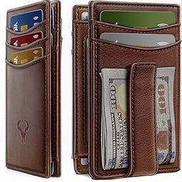 RFID Blocking Magnetic Closure Slim Genuine Leather Front Pocket Wallet for Men Holds up to 12 Cards Including 1 ID Window Along with Money Clip (Brown)-image-42